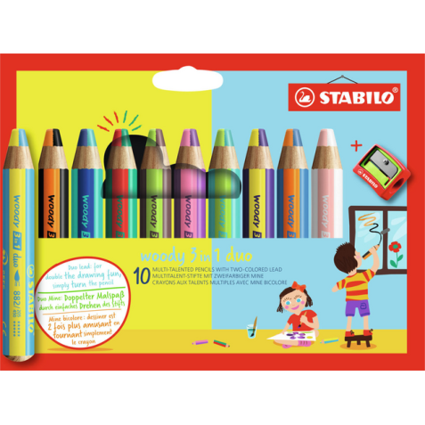 Kleurpotloden STABILO 882 woody 3 in 1 duo inclusief puntenslijper assorti etui 10 à stuks