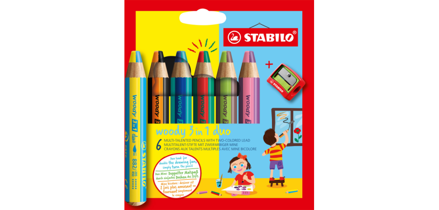 Crayon STABILO 882 Woody 3-en-1 Duo étui 6 pièces + taille-crayon
