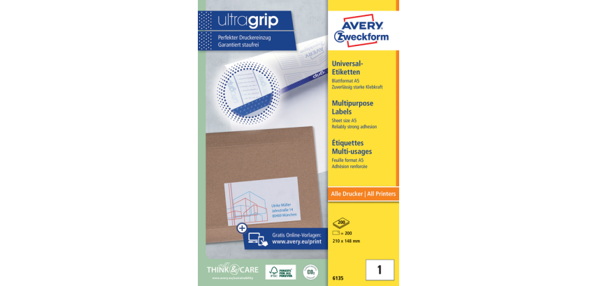 Etiquette Avery 6135 210x148mm blanc 200 pièces