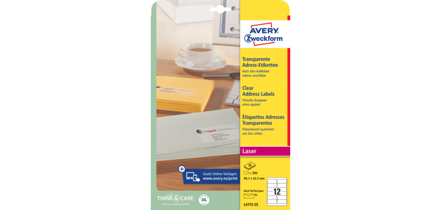 Etiquette Avery L4772-25 99,1x42,3mm transparent mat 300 pièces