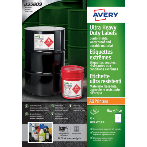 Etiket Avery B4775-50 210x297mm polyethyleen wit 50 etiketten