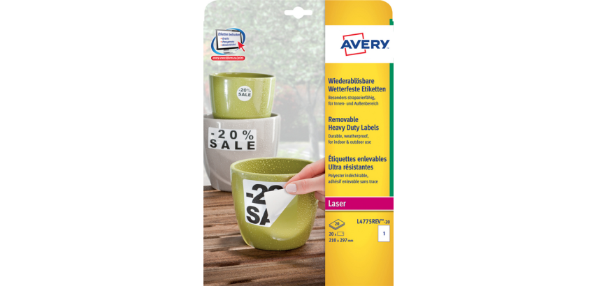 Etiquettes Avery L4775REV-20 210x297mm blanc 20 pièces