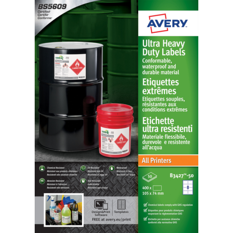 Etiket Avery B3427-50 105x74mm polyethyleen wit 400stuks