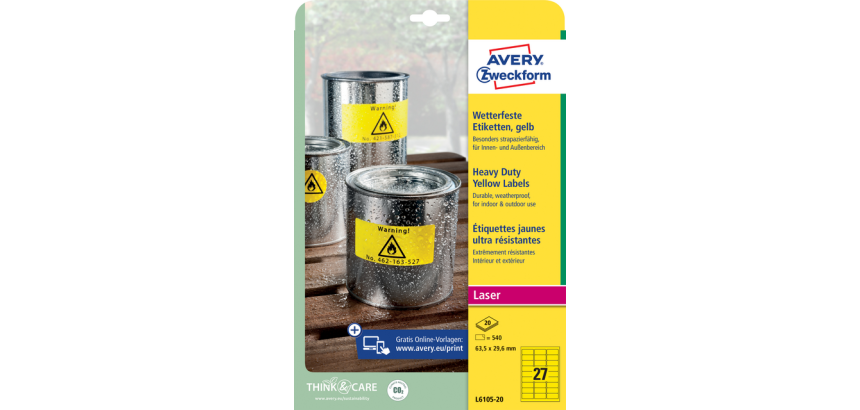 Avery Label L6105-20 63.5x29.6mm yellow 540 pieces