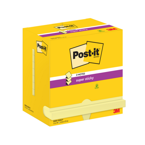 Bloc-mémos Post-it Z-Note Super Sticky 76x127mm jaune 12 pièces