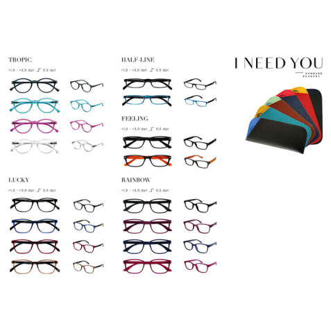 Lunettes de lecture I Need You Tropic/Lucky/Half-line/Feeling/Rainbow assorti 80 lunettes et étuis