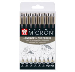 Fineliner et feutre pinceau Sakura Pigma Micron gris froid set 8 pièces assorti