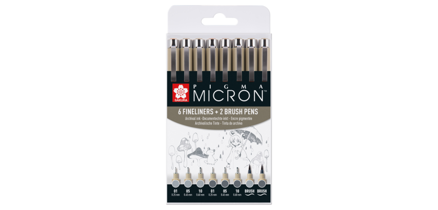 Fineliner Sakura Pigma Micron Set 6 Breiten mit 2 kühlen grauen Pinselstiften