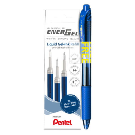 Gelschrijvervulling Pentel LR7 Energel met gratis gelpen medium blauw blister à 3 stuks