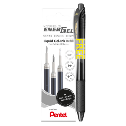 Gelschrijvervulling Pentel LR7 Energel met gratis gelpen medium zwart blister à 3 stuks