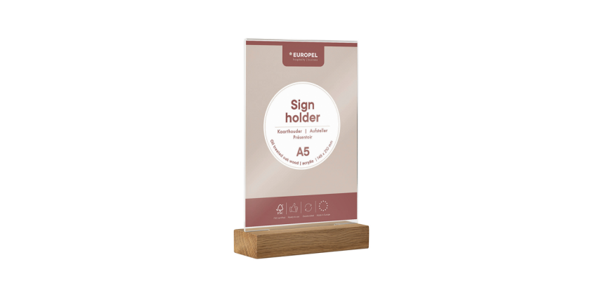 Présentoir de table Europel A5 acryl avec socle en bois