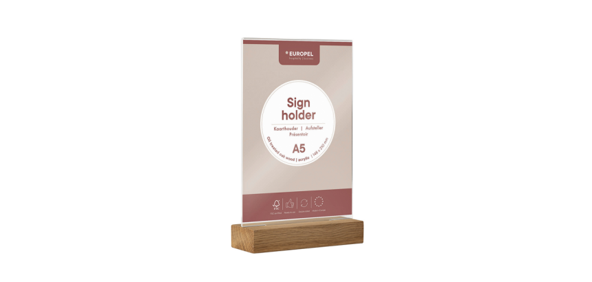 Présentoir de table Europel A5 acryl avec socle en bois