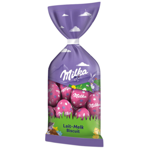 Oeufs de Pâques en chocolat Milka lait biscuit sachet 12/13 pièces