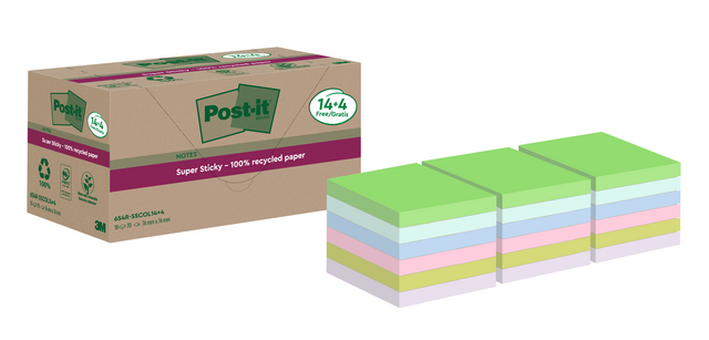 Bloc mémos Post-it 654 RSS12COL 76x76mm Colour Notes 14+4 gratuits