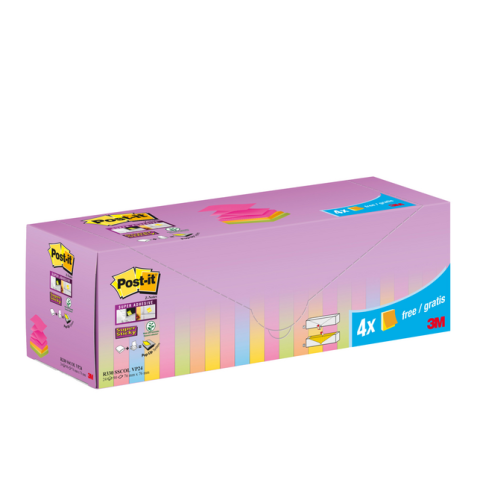 Memoblok 3M Post-it Z-Note R330 Super Sticky 76x76mm assorti kleur 20 + 4 gratis