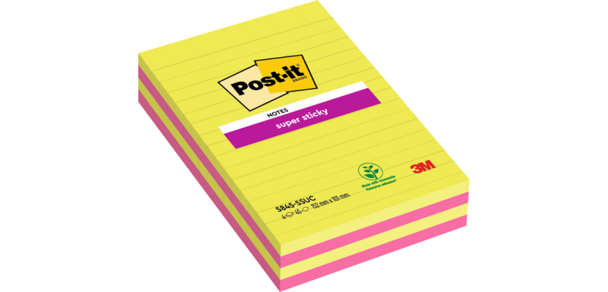 3M Post-it Memo Pads 584 127x203 Super Sticky Lined Assorted 4 Pieces