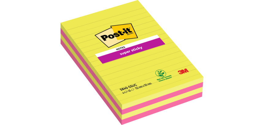 3M Post-it Memo Pads 584 127x203 Super Sticky Lined Assorted 4 Pieces