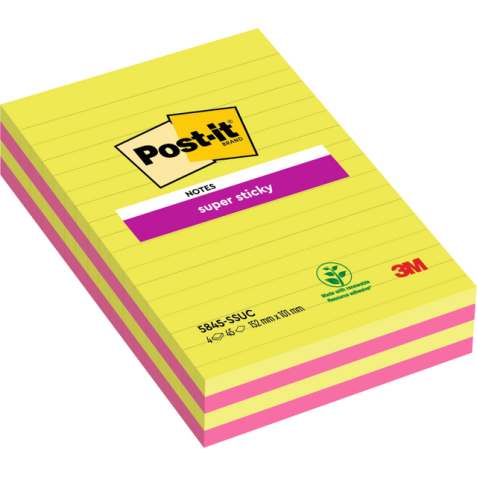 Memoblok 3M Post-it 584 127x203mm Super Sticky lijn assorti kleur 4 stuks