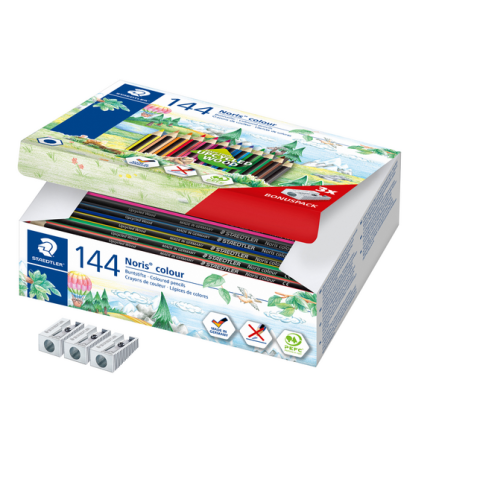 Kleurpotloden Staedtler Noris classpack à 144 stuks 12 kleuren + 3 puntenslijpers gratis