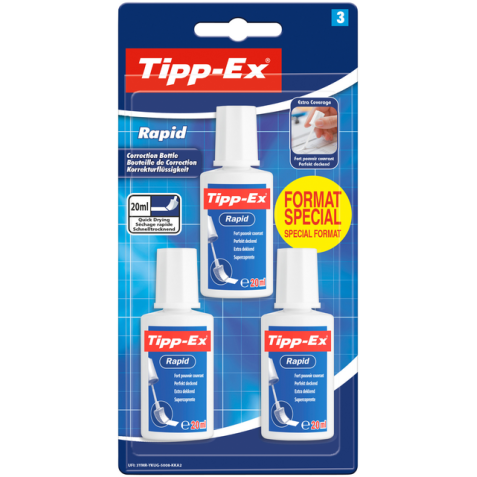 Correcteur liquide Tipp-Ex Rapid 20ml blister 3 pièces