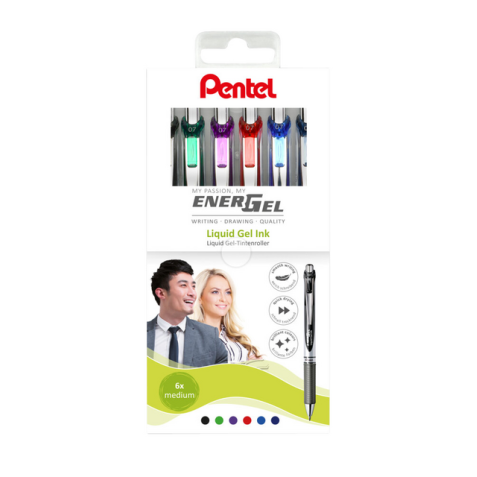 Gelschrijver Pentel BL77 Energel medium assorti etui à 6 stuks