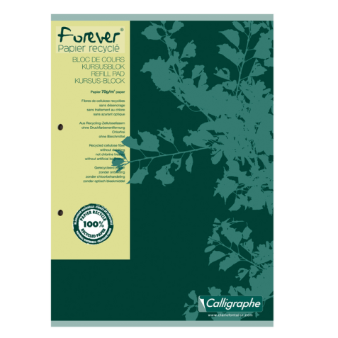 Bloc de cours Clairefontaine Forever Calligraphe A4 ligné 2 perf 200 pages 70g vert