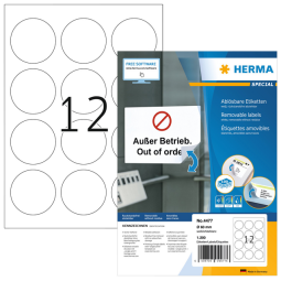 Etiquette HERMA 4477 ronde 60mm amovible blanc 1200 étiquettes