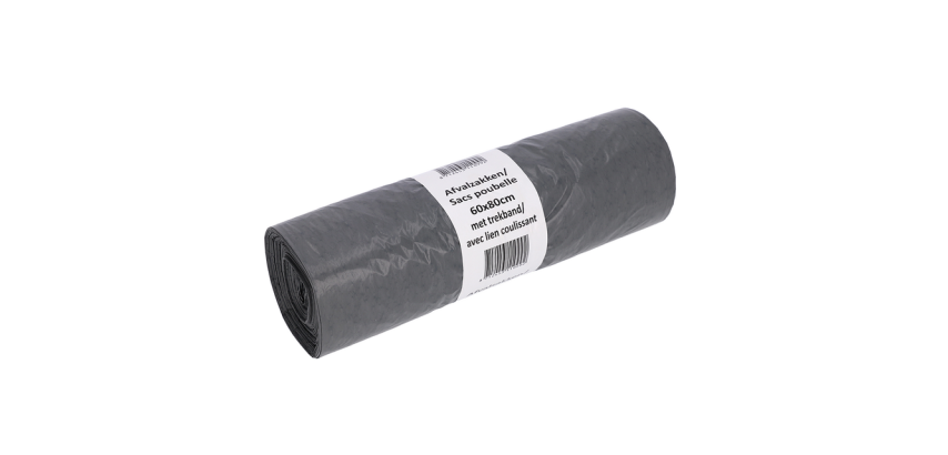 Afvalzak Cleaninq 60x80cm LDPE recycled T30 60L met trekband grijs rol à 25 stuks