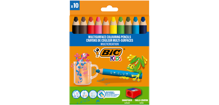 Buntstift BIC Kids Multisurface inklusive Anspitzer, sortiert, Packung mit 10 Stück