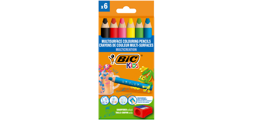 Kleurpotloden BicKids Multi Surface + puntenslijper assorti 6 stuks