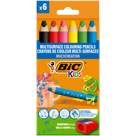 Crayon de couleur BIC Kids Multi-surface inclus taille-crayon assorti paquet 6 pièces