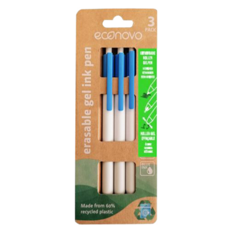 Stylo gel effaçable Econovo Fin bleu blister 3 pièces