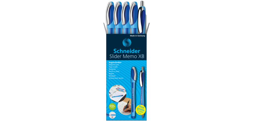 Stylo bille Schneider Slider Memo XB bleu set 4 pièces + 1 slider gratuit