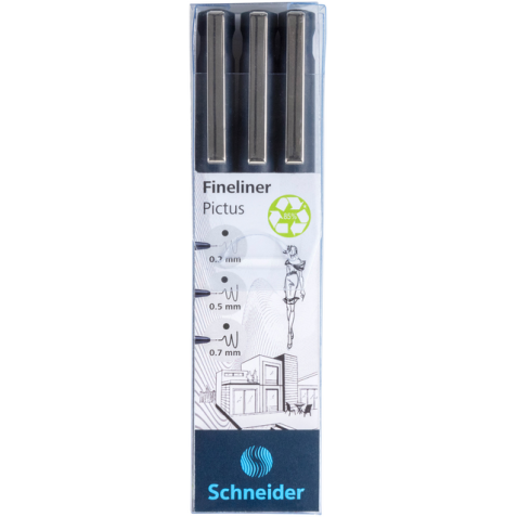 Fineliner Schneider Pictus zwart etui à 3 stuks