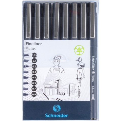 Fineliner Schneider Pictus zwart etui à 8 stuks