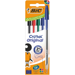 Balpen Bic Cristal medium assorti blister à 5 stuks