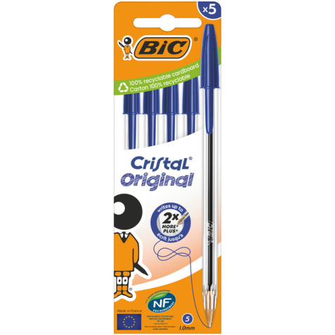 Balpen Bic Cristal medium blauw blister à 5 stuks