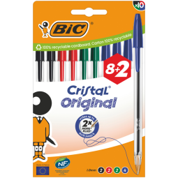 Stylo bille BIC Cristal Medium bleu blister 8 + 2 gratuits