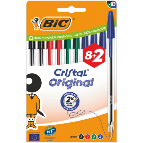 Stylo bille BIC Cristal Medium bleu blister 8 + 2 gratuits