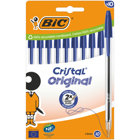 Stylo bille BIC Cristal Medium bleu blister 10 pièces