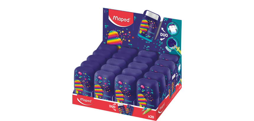Taille-crayon Maped Pixel Party Connect 2 trous avec gomme présentoir 20 pièces