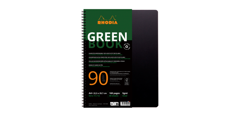 Rhodiactive Greenbook ruled, A4+, 4-hole punched, 90g recycled paper - Black