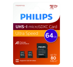 Carte mémoire Philips Micro SDXC Classe 10 UHS-I U1 64Go 2 pièces