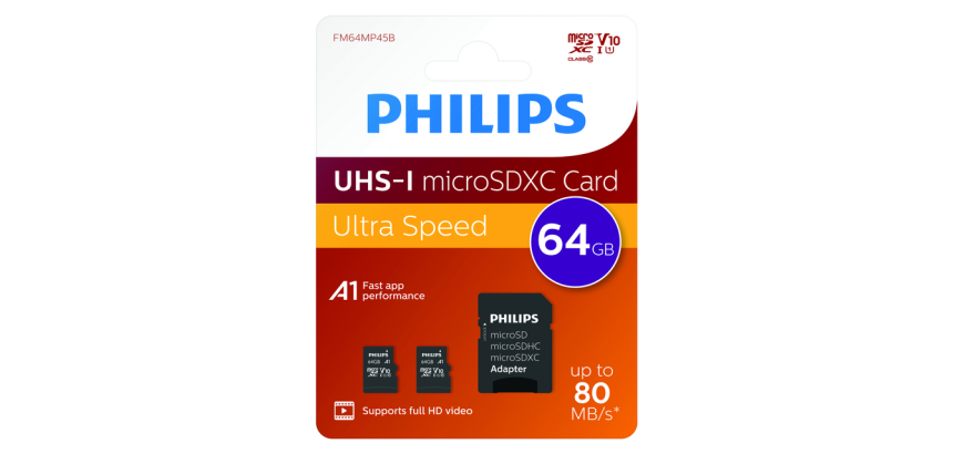 Carte mémoire Philips Micro SDXC Classe 10 UHS-I U1 64Go 2 pièces