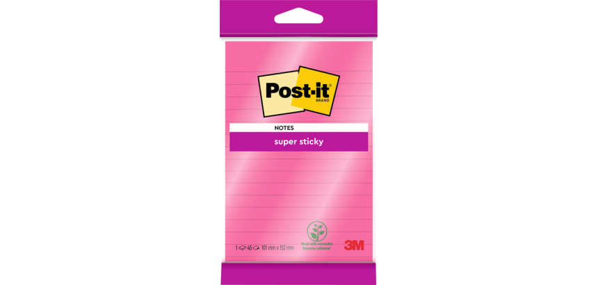 Bloc-mémos 3M Post-it 4645 Super Sticky 101x152mm ligné rose