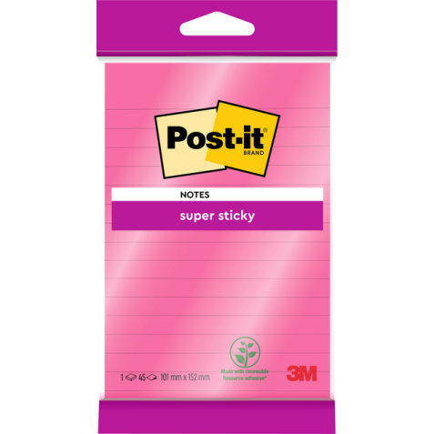 Bloc-mémos 3M Post-it 4645 Super Sticky 101x152mm ligné rose