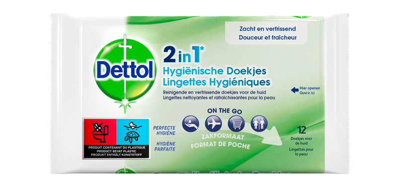 Hygiënische verfrissingsdoekjes Dettol Wipes 2-in-1 12st