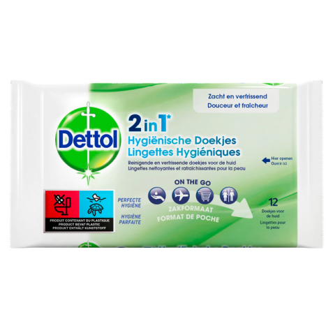 Hygiënische verfrissingsdoekjes Dettol Wipes 2-in-1 12st