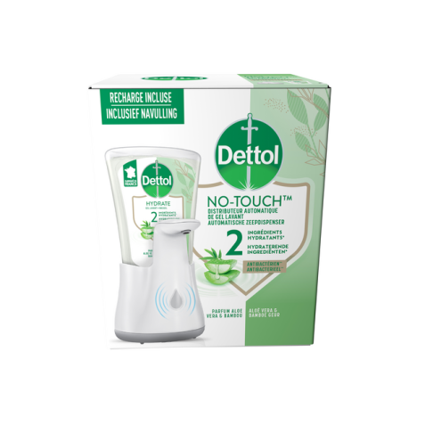 Distributeur savon mains Dettol Hydrating No Touch Kit avec savon 250ml