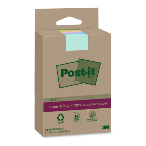 Bloc-mémos 3M Post-it 4645-RSSCOL4 Super Sticky 102x152mm assorti 4 pièces